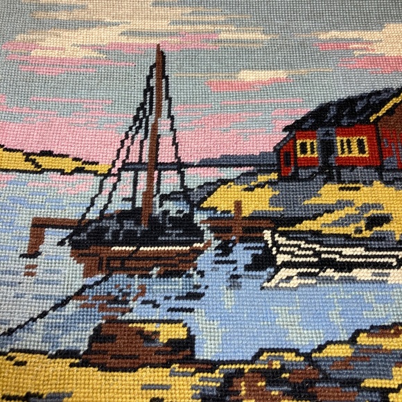 vintage Scandinavian Finland Seashore 
Cottage boat nautical Needlepoint Mounted - Picture 2 of 7